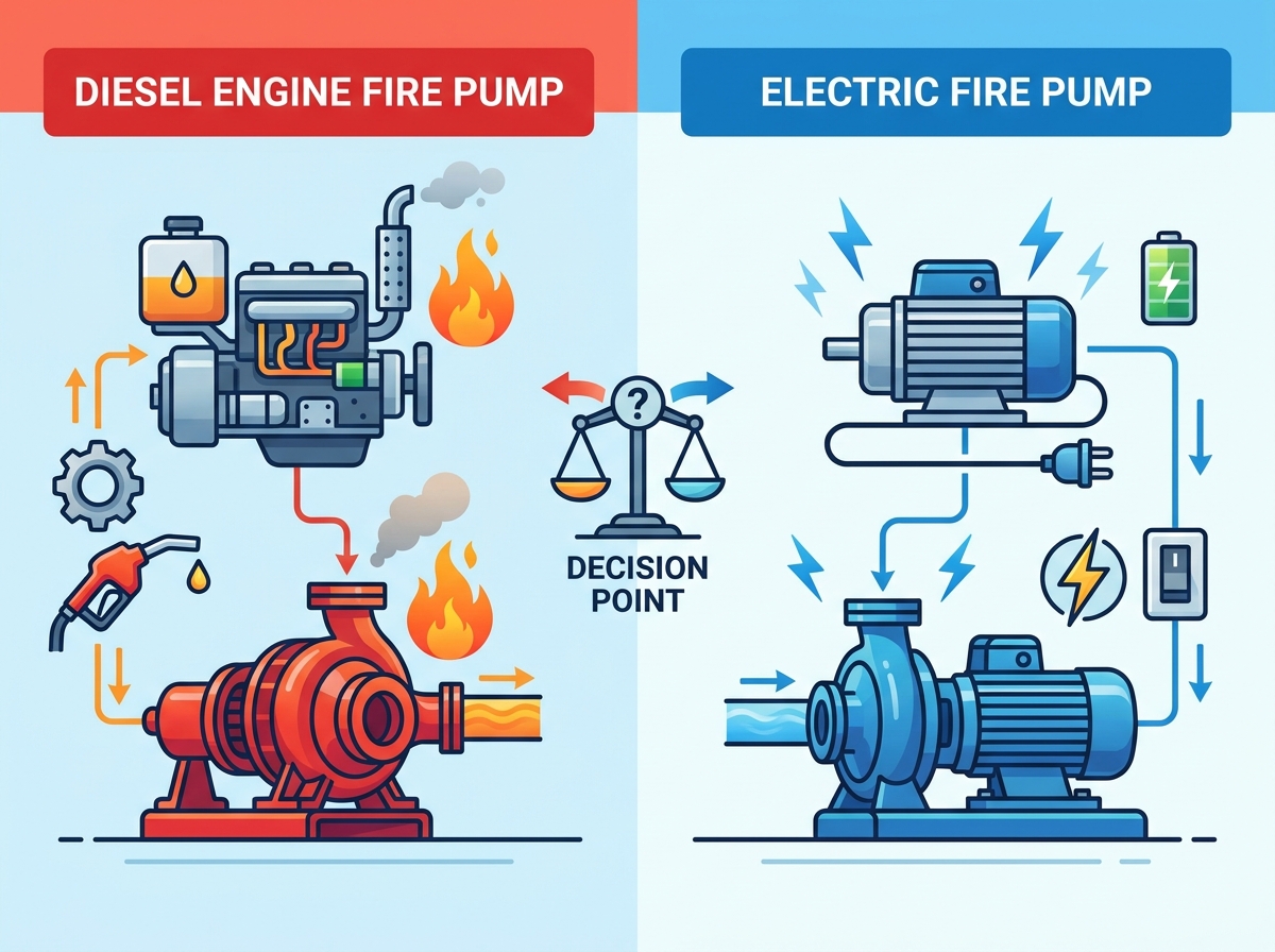 Industrial fire pump installation in a dedicated pump room