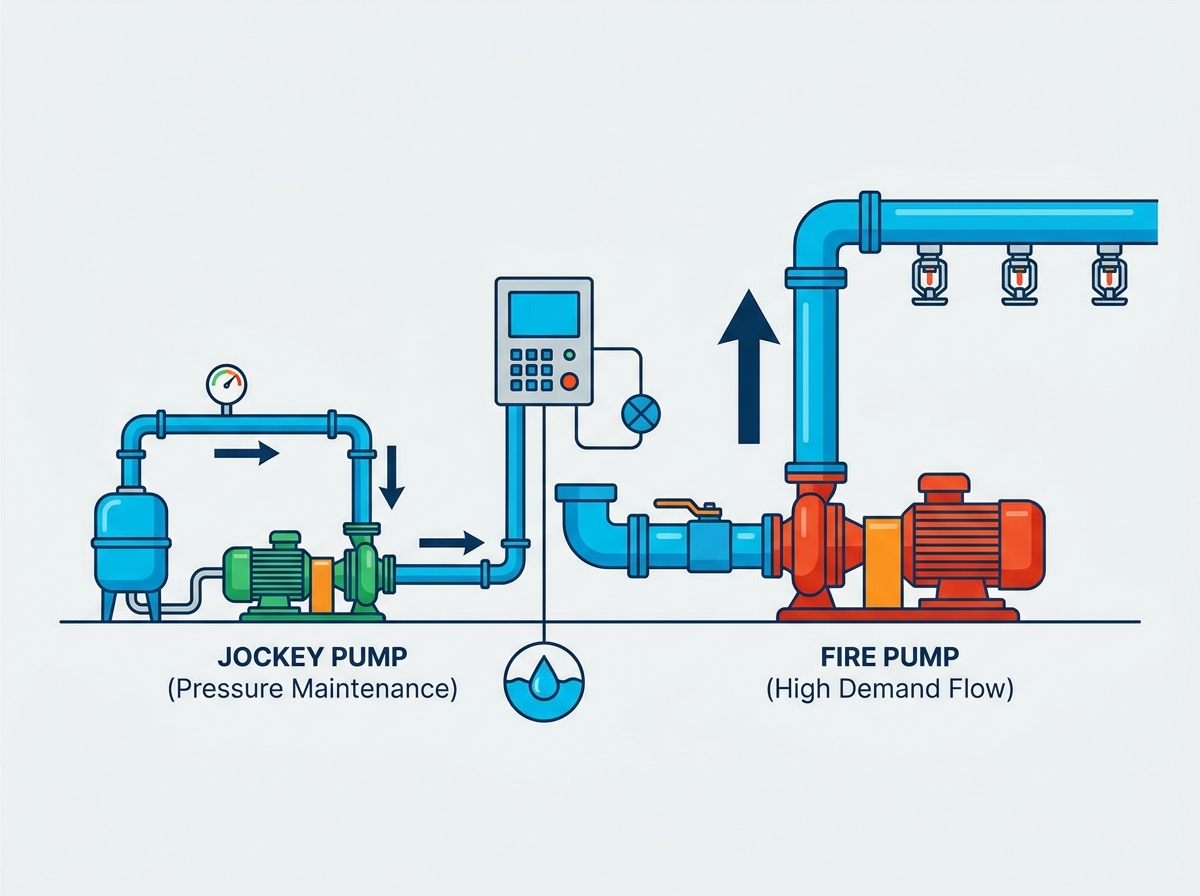 Fire pump and jockey pump configuration in a commercial fire protection system